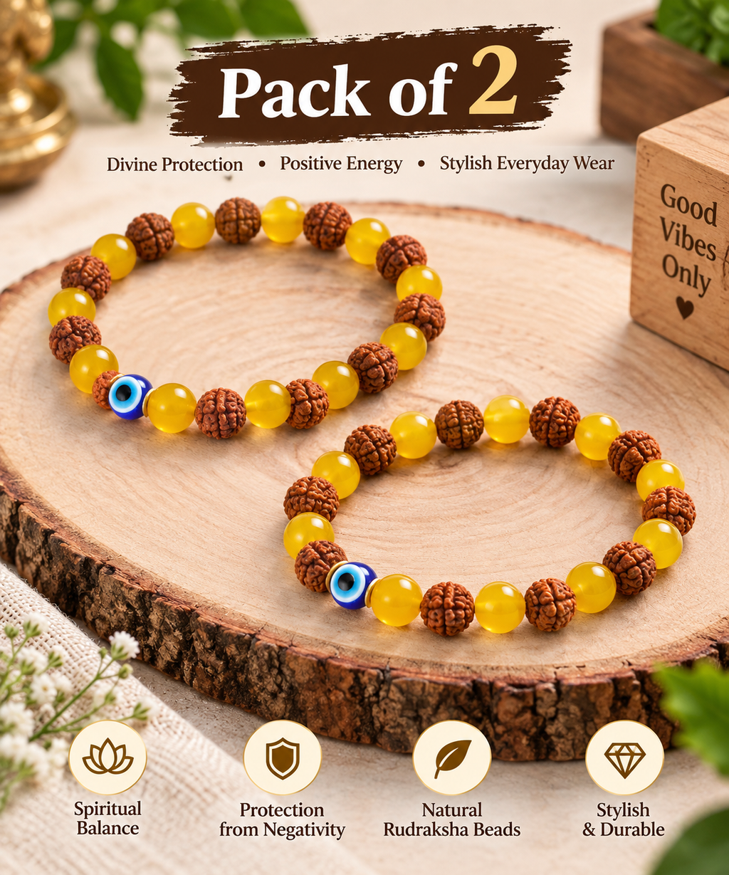 Rudraksha Citrine Crystal Bracelet — Wealth, Protection & Positive Energy (Pack of 2)
